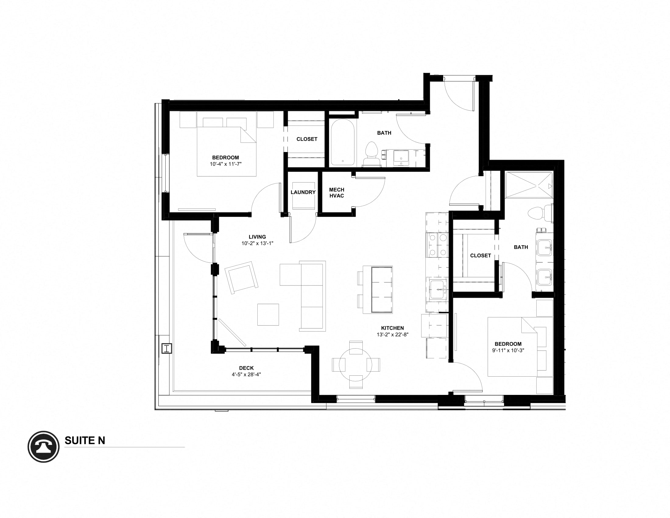 Floor plan for 2 beds, 1.8 baths, 1039 sqft